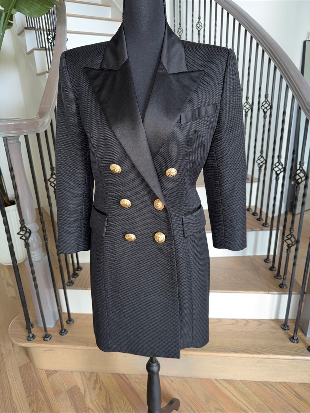 Balmain Black Double-Breasted Satin Lapel Women's Blazer Coat (Size 42)